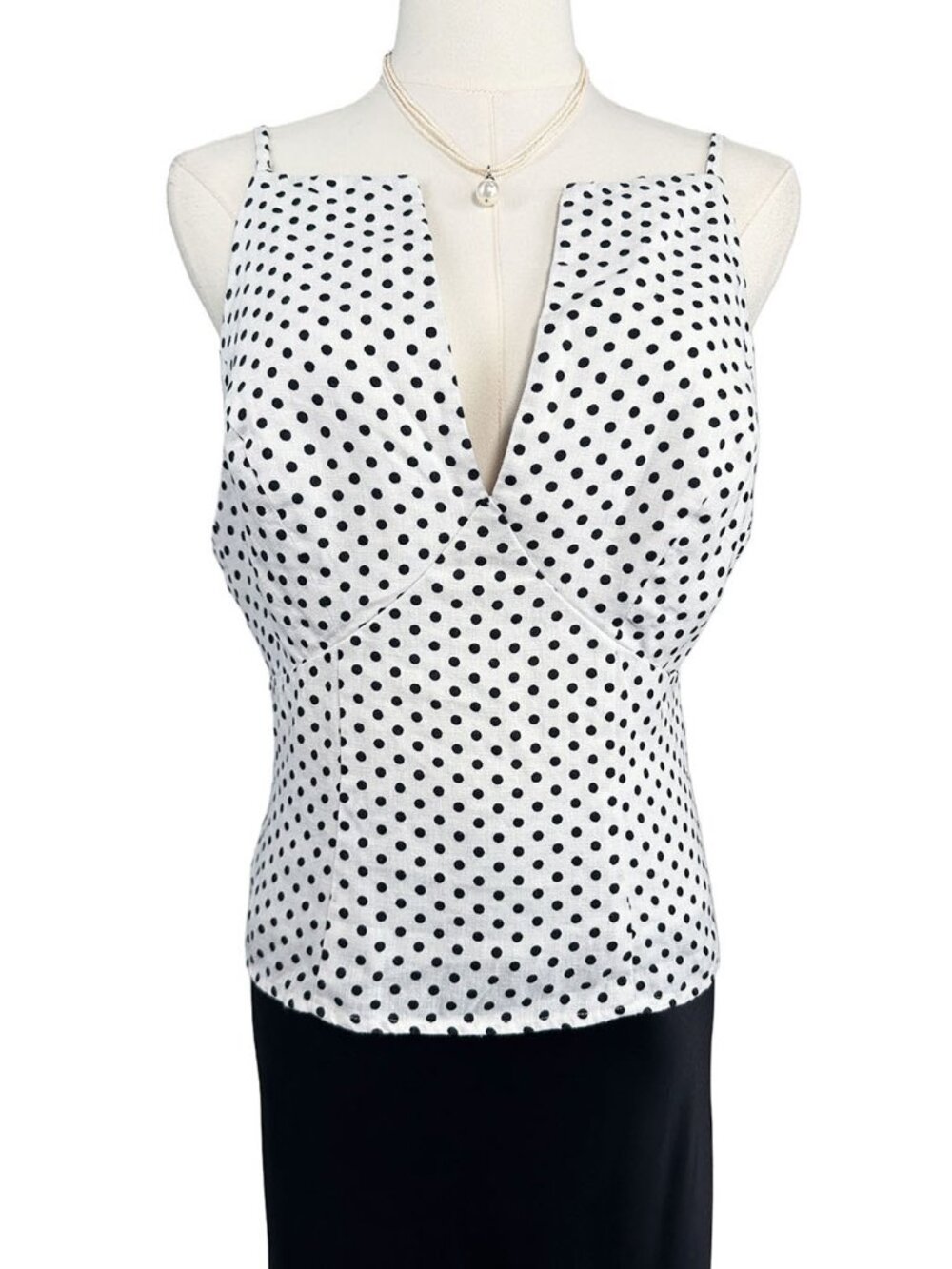 Reformation Evette Linen Top Deep V Neck White Black Polka Dot Cami Tank 4